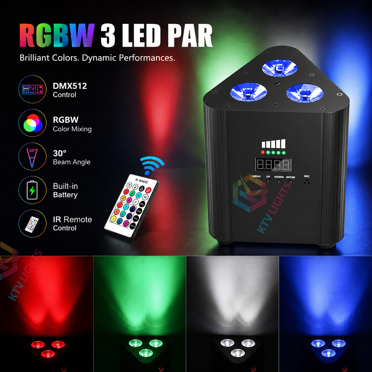 KTVLIGHTS 3PCS RGBW 4-in-1 Battery LED Wall Washer Light-P42
