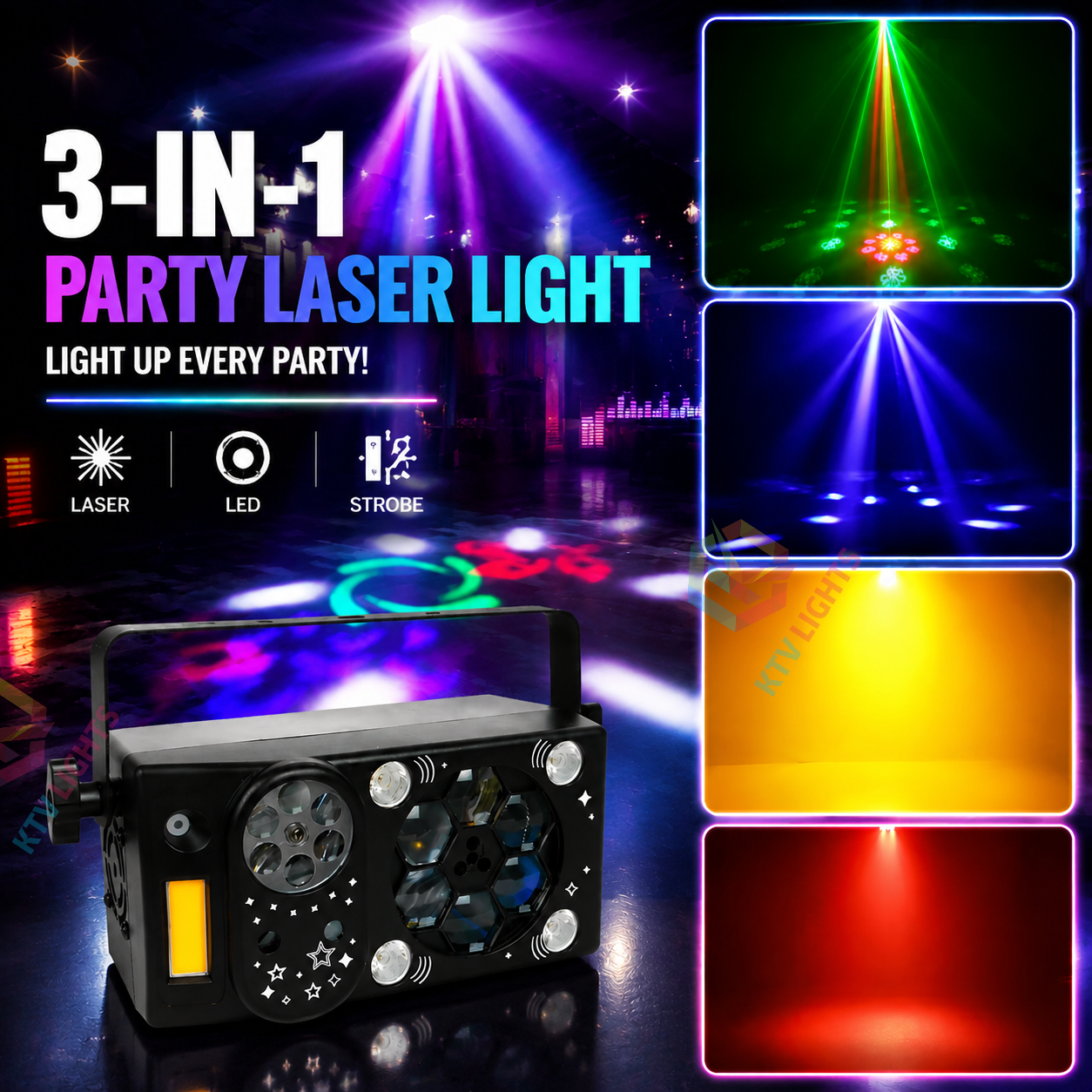 KTVLIGHTS 7-in-1 Party Laser Light – DJ RGB Stage Effect Disco Light-C11