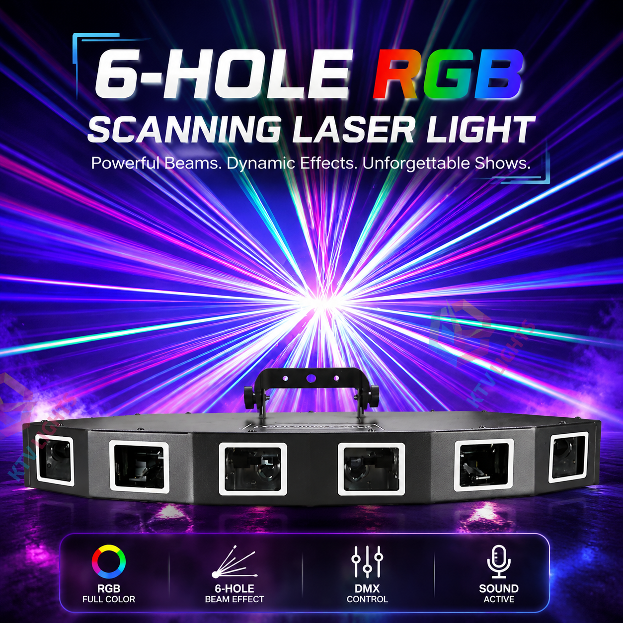 KTVLIGHTS 6-Hole RGB Scanning DMX Laser Stage Light for DJ Clubs-B26