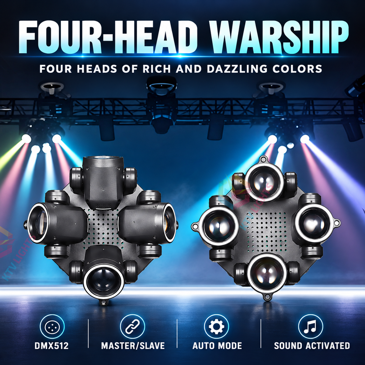 KTVLIGHTS 150W 4-Head LED Beam & Laser Moving Head Stage Light DMX512-E107