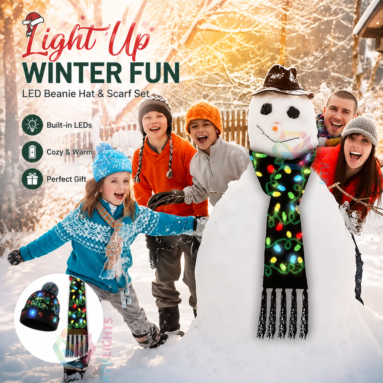 KTVLIGHTS Light Up Christmas Hat & Scarf For Holiday Fun-M35