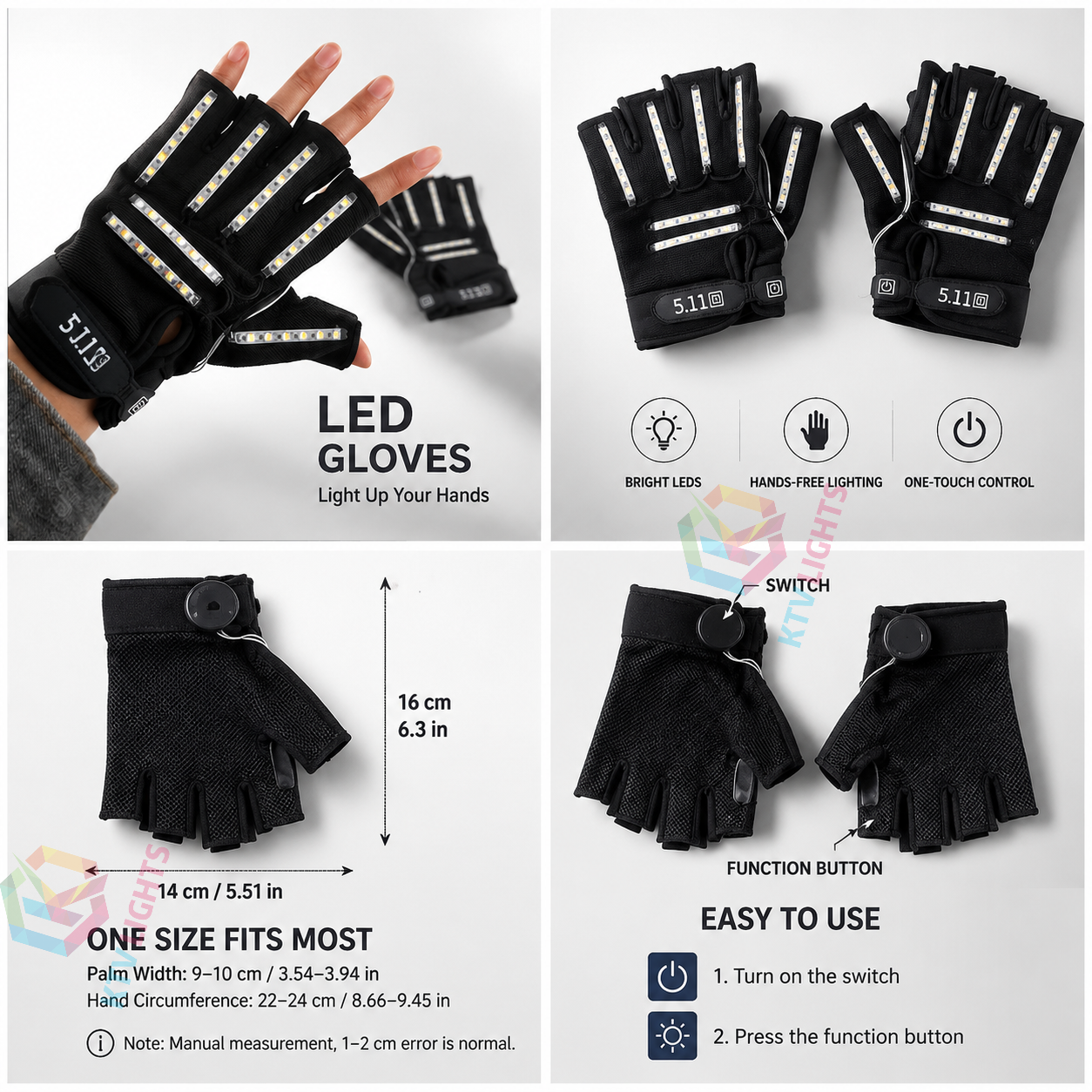 KTVLIGHTS LED Gloves for Rave Parties, DJs & Light Shows-M7