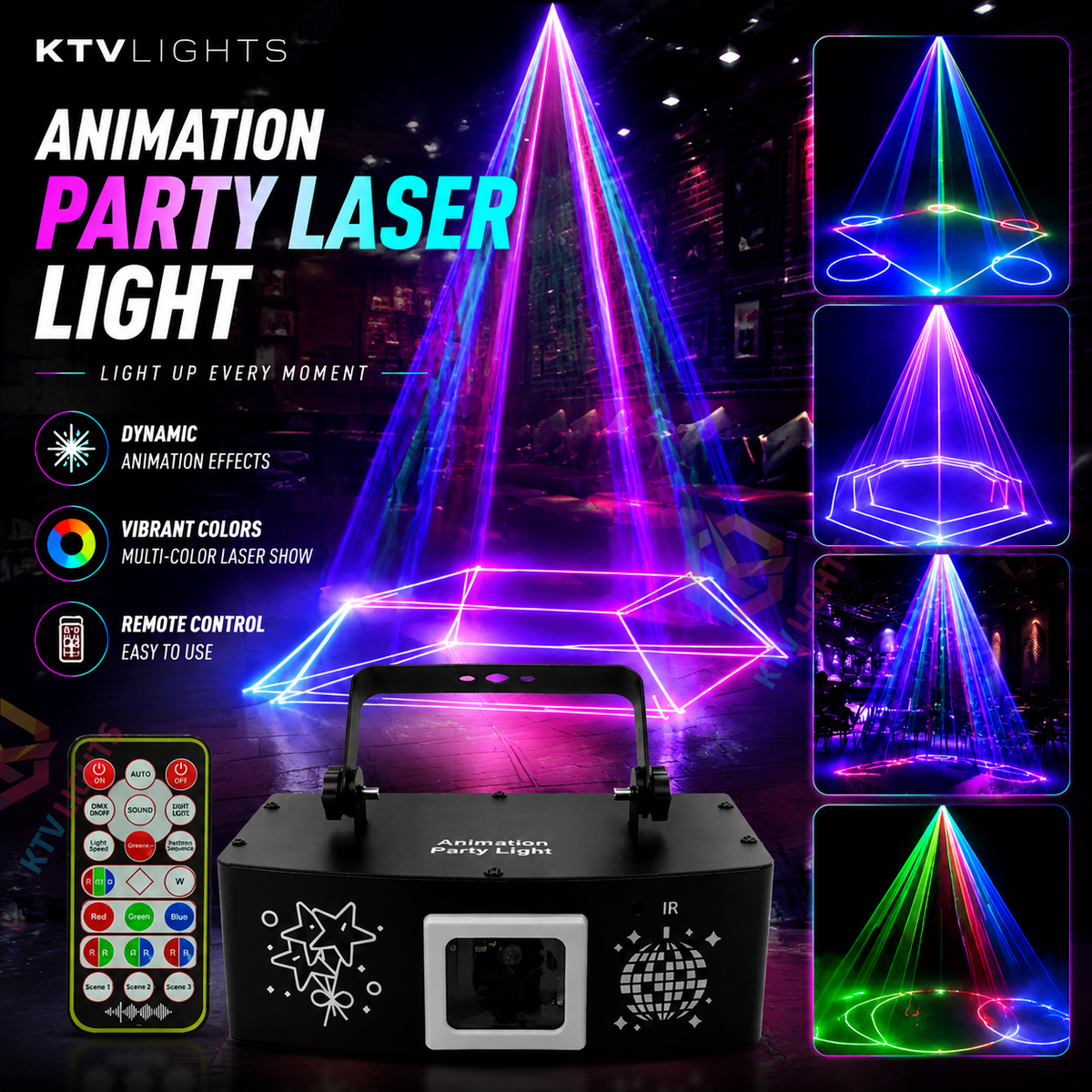 KTVLIGHTS RGB Animated Laser Light, DJ Stage Effect Light, DMX512 Party Light-A24