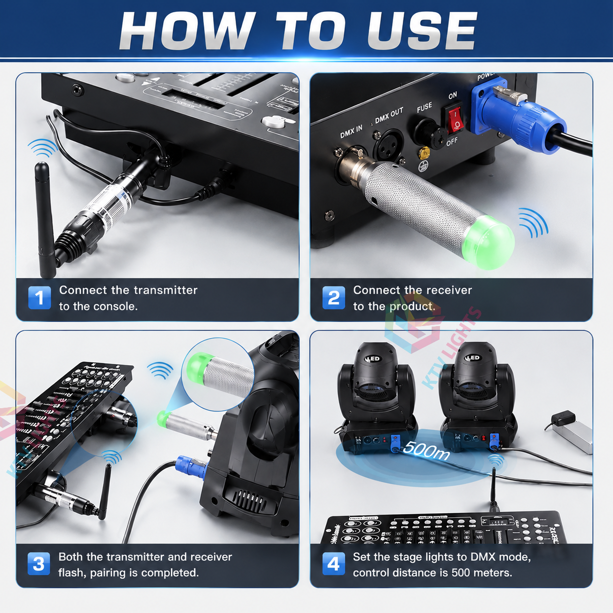 KTVLIGHTS Wireless DMX512 Transmitter Receiver 4-Piece Kit-D6