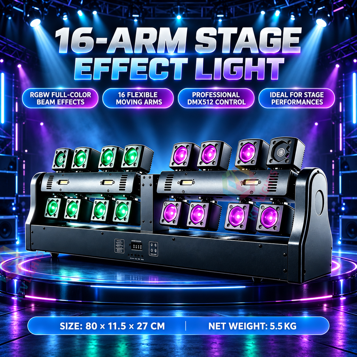 KTVLIGHTS 180W 16-Arm LED Laser Stage Light RGBW DMX512 Strobe-E99
