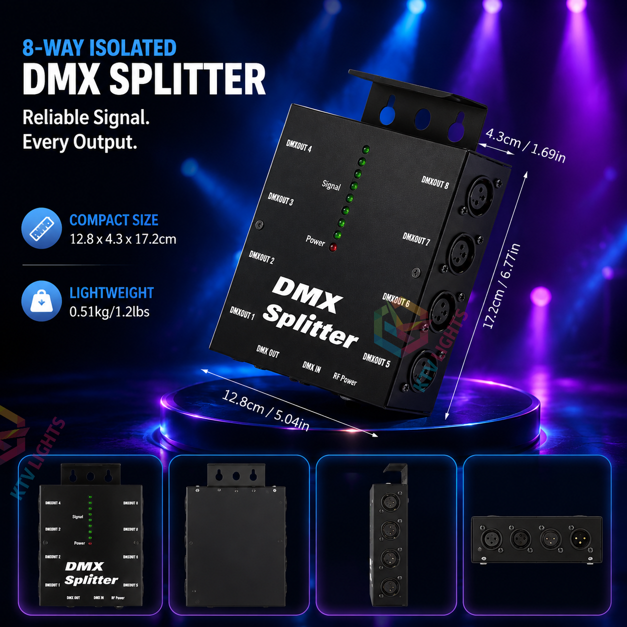 KTVLIGHTS 8-Way Isolated DMX512 Splitter Amplifier-D4