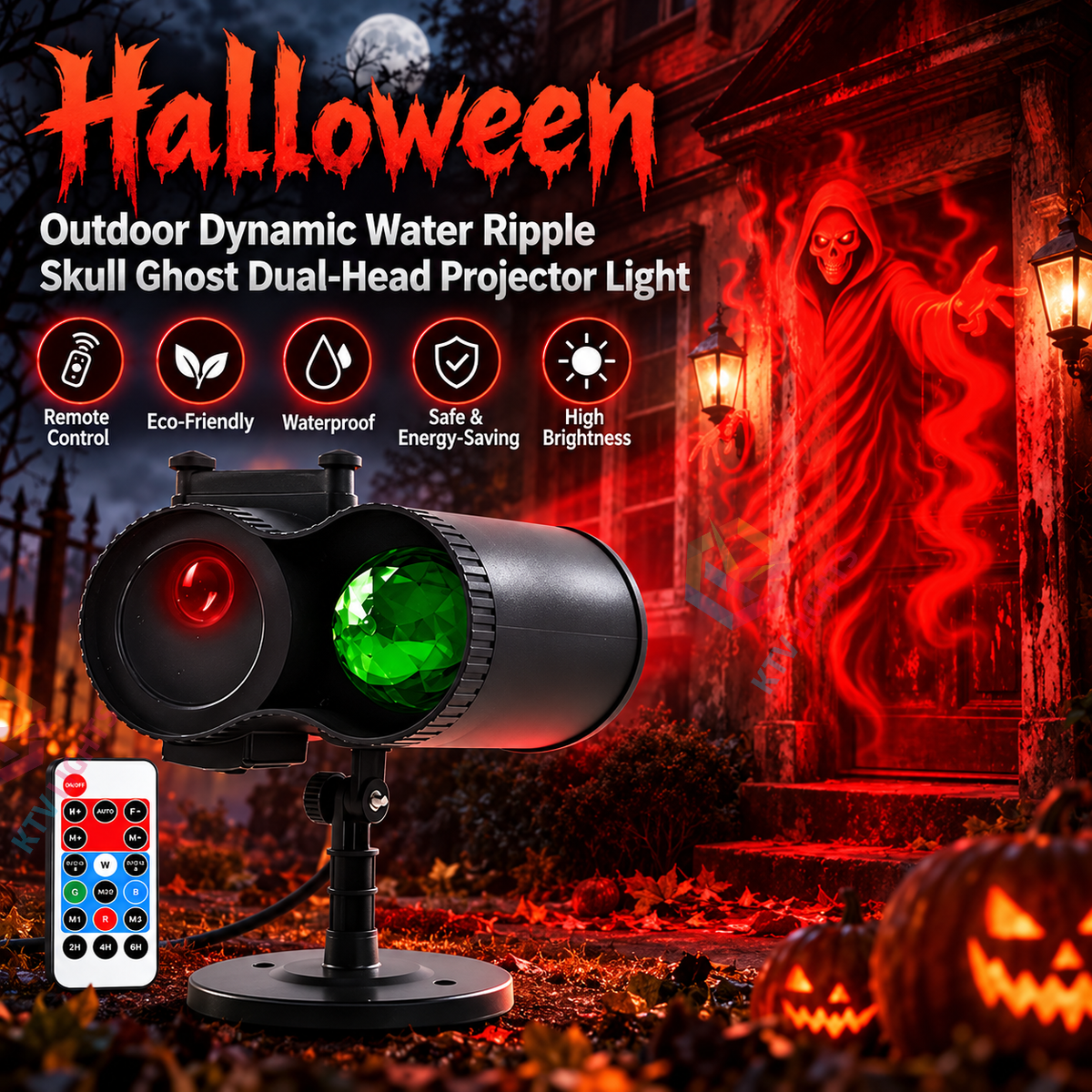 KTVLIGHTS Halloween Outdoor Dual-Head Skull Ghost Water Ripple Projector-S63