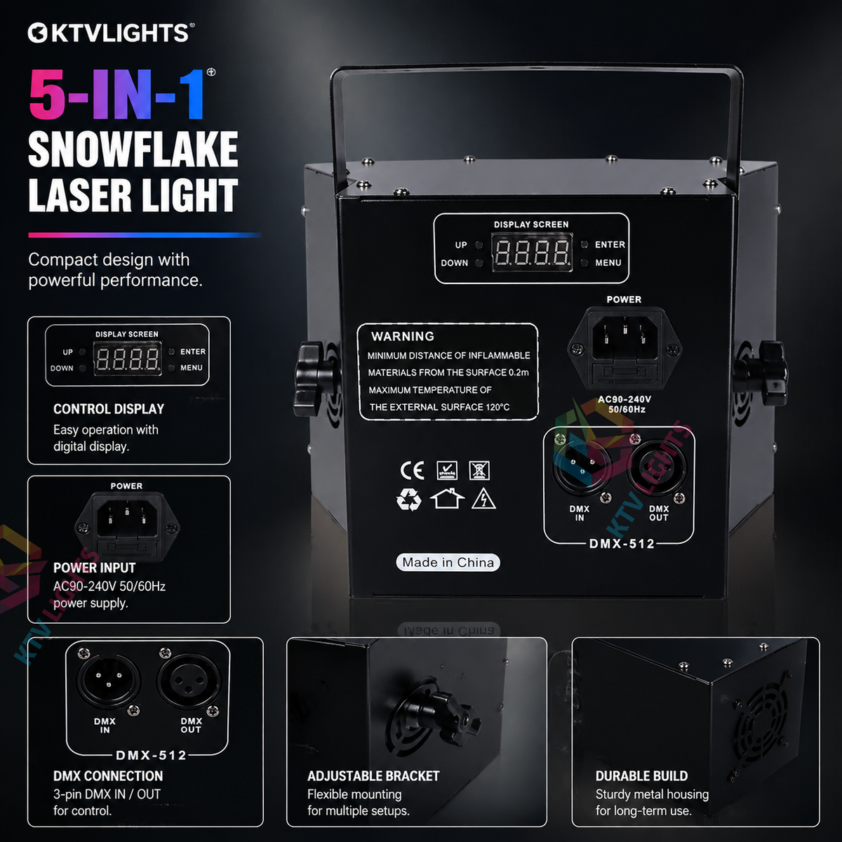 KTVLIGHTS 150W 5-in-1 RGB Snowflake Laser Stage Light with DMX-C14