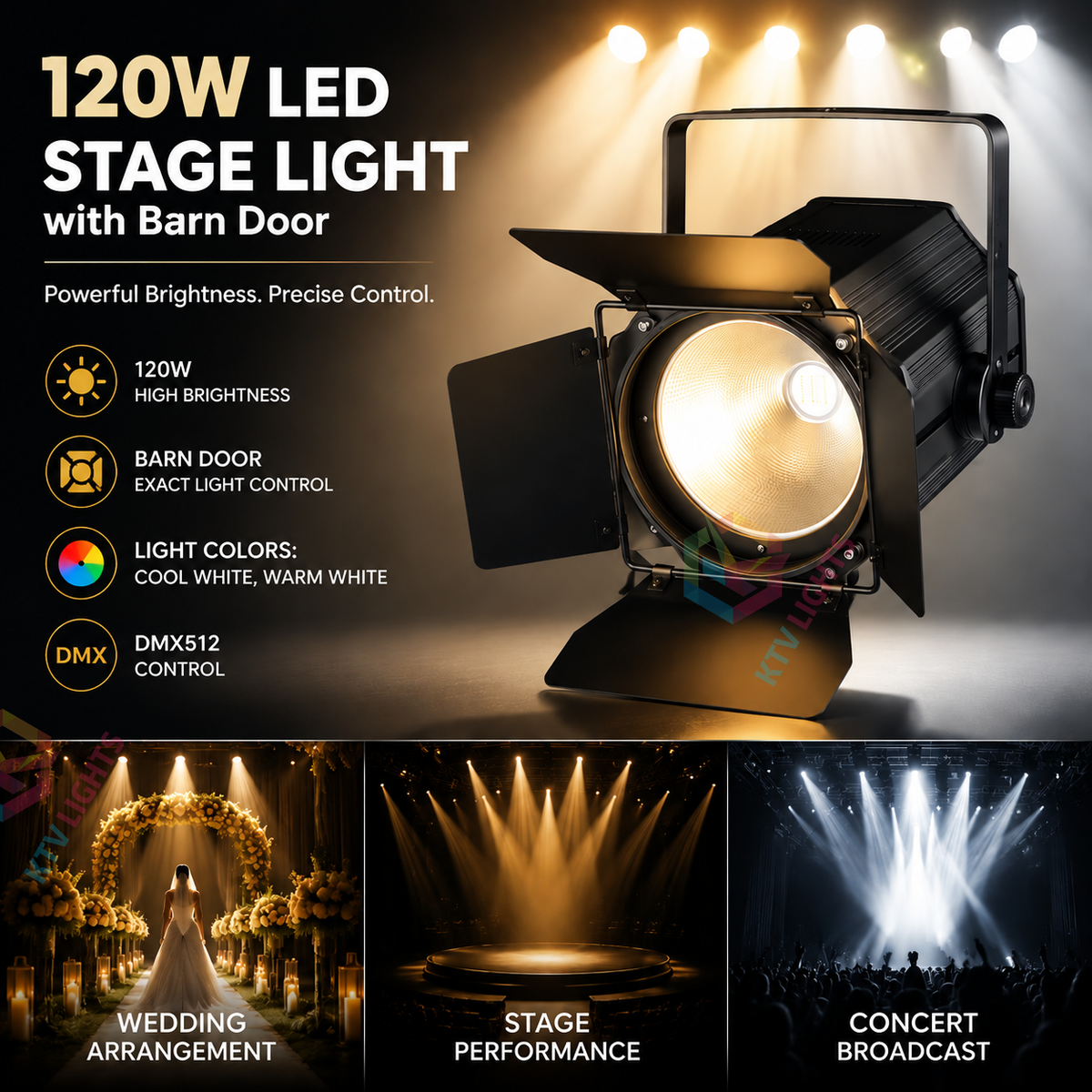 KTVLIGHTS 120W LED Stage PAR Light with Barn Doors-P5