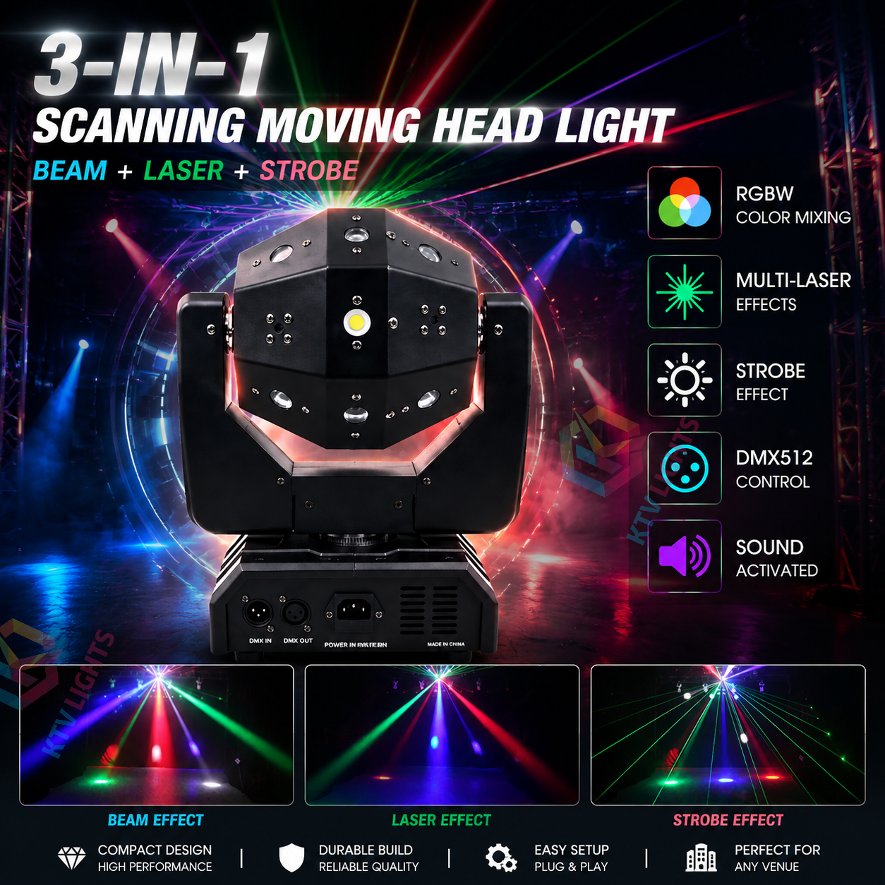 KTVLIGHTS 3-in-1 RGBW Laser Scanning Moving Head DJ Stage Light-B6