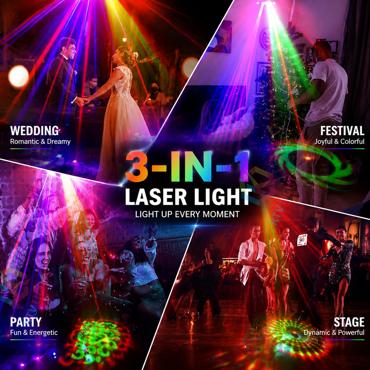 KTVLIGHTS 3-in-1 4-Aperture DJ Laser Stage Light for Nightclubs and Parties - B35