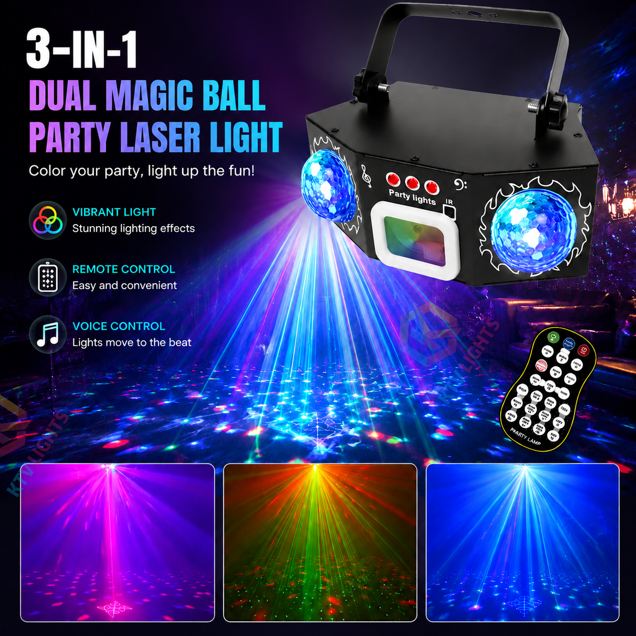 KTVLIGHTS 2026 Model 3-in-1 Dual Magic Ball Laser DJ Party Stage Light-C15