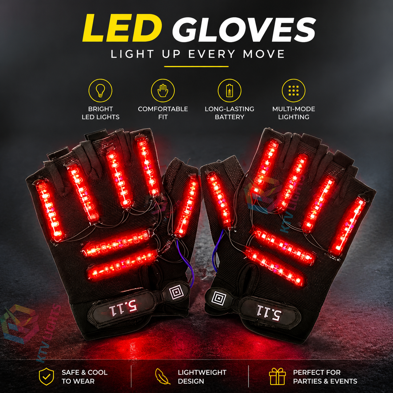KTVLIGHTS LED Gloves for Rave Parties, DJs & Light Shows-M7