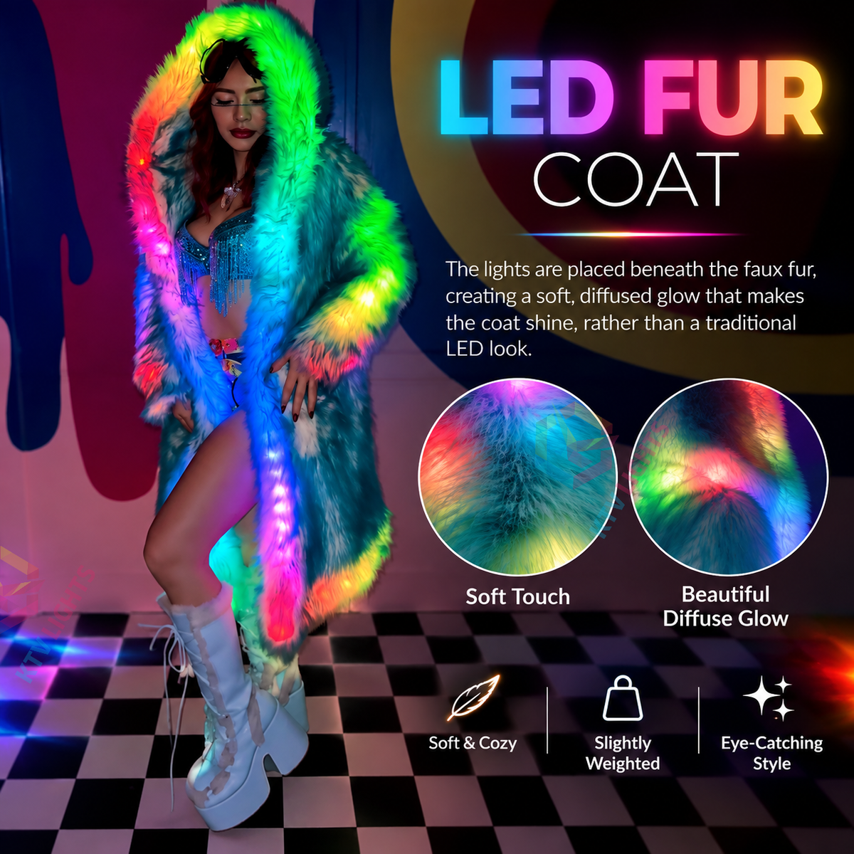 KTVLIGHTS LED Faux Fur Coat for Cosplay, Festivals & Parties-M60