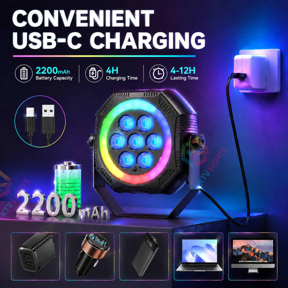 KTVLIGHTS 7-LED RGB Rechargeable PAR Stage Light-P48