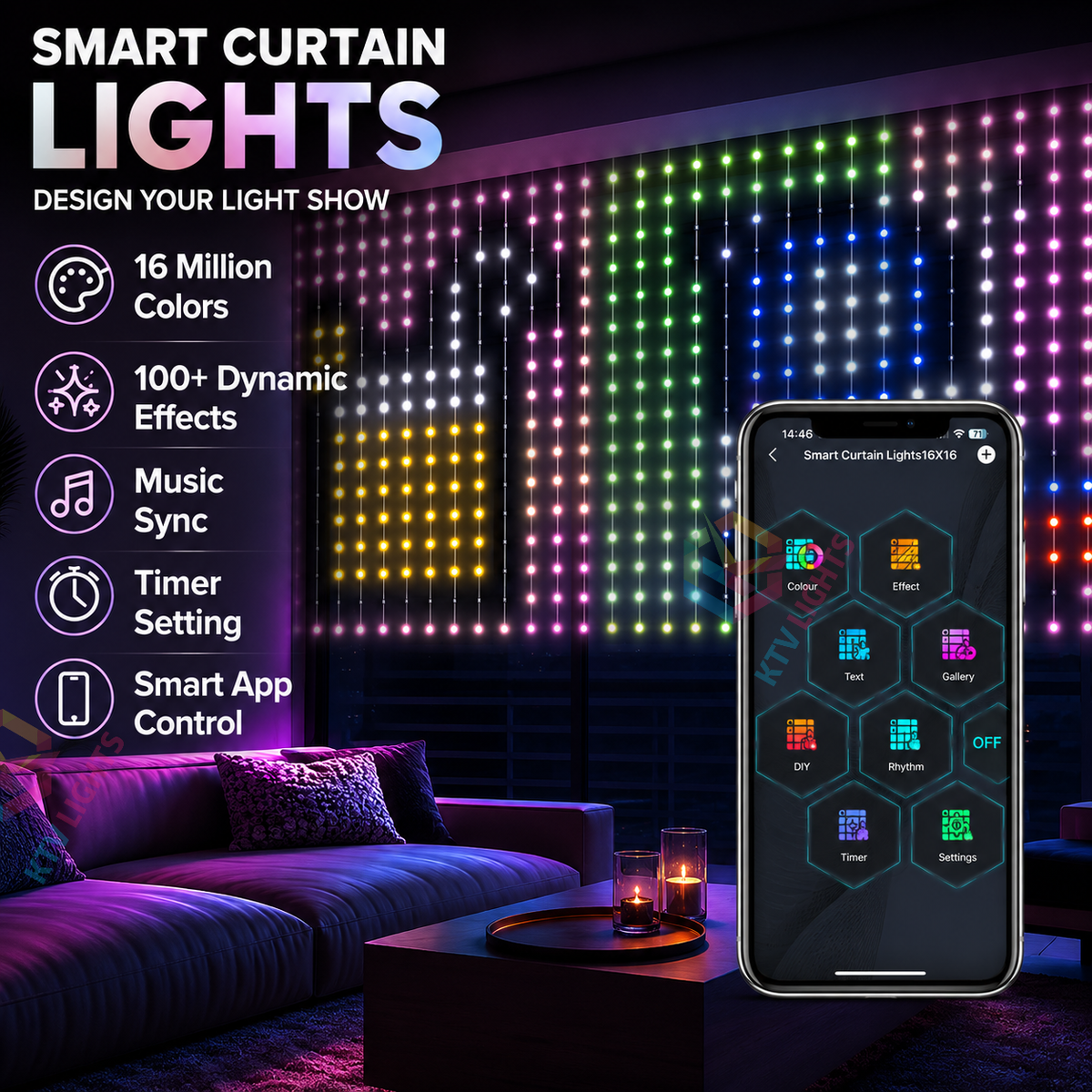KTVLIGHTS IP65 Smart APP LED Decorative Curtain Light-DIY Text/Animation-M58