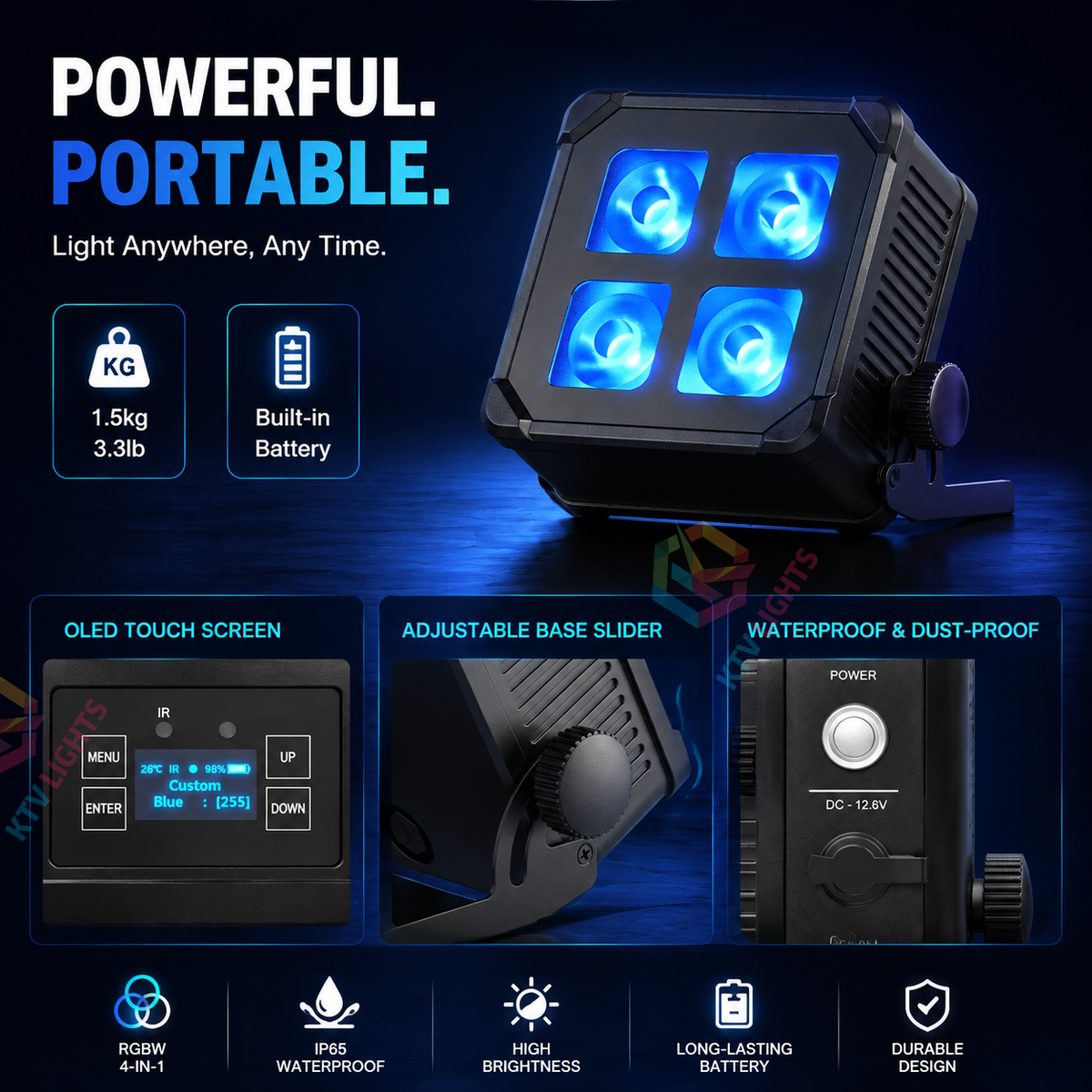 KTVLIGHTS 4x15W RGBW IP65 Battery-Powered LED PAR Light-P15
