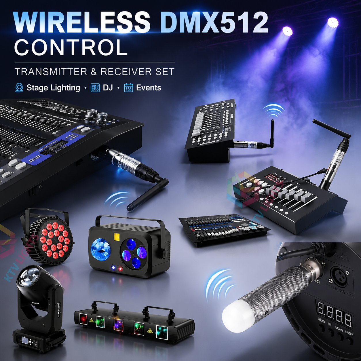 KTVLIGHTS Wireless DMX512 Transmitter Receiver 4-Piece Kit-D6