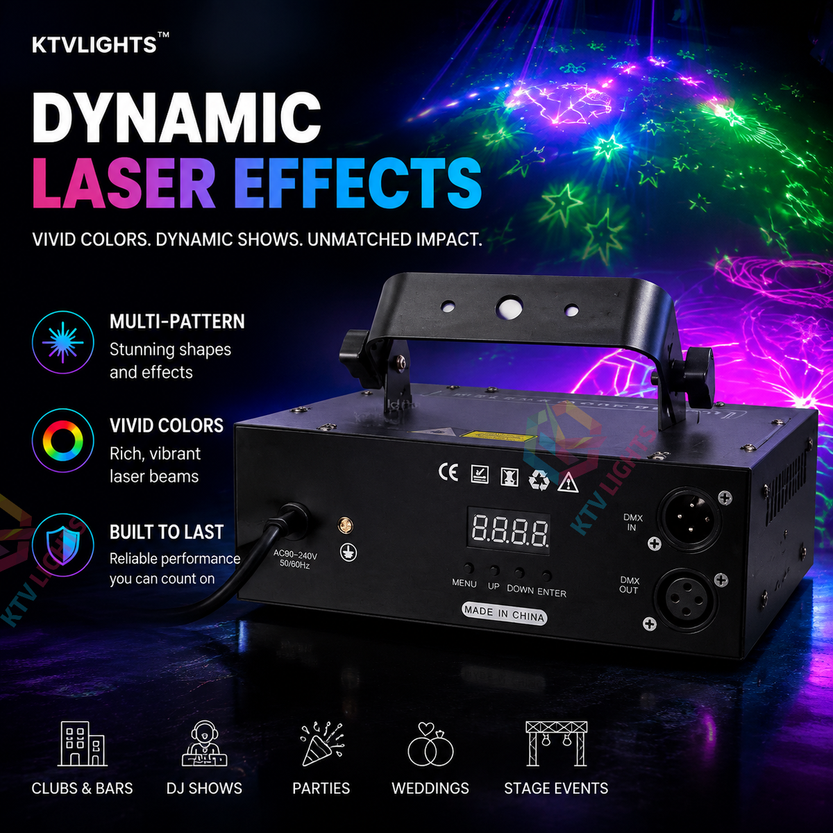 KTVLIGHTS 500mW RGB 2-in-1 Pattern Scanning DMX Stage Laser Light-B10