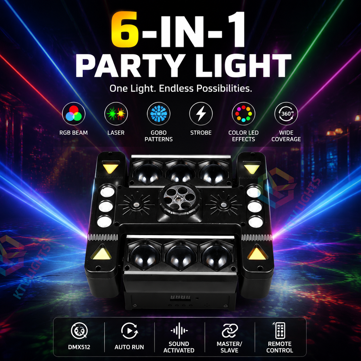 6-Arm RGB Pattern Laser Moving Head DJ Stage Light with Remote-E91
