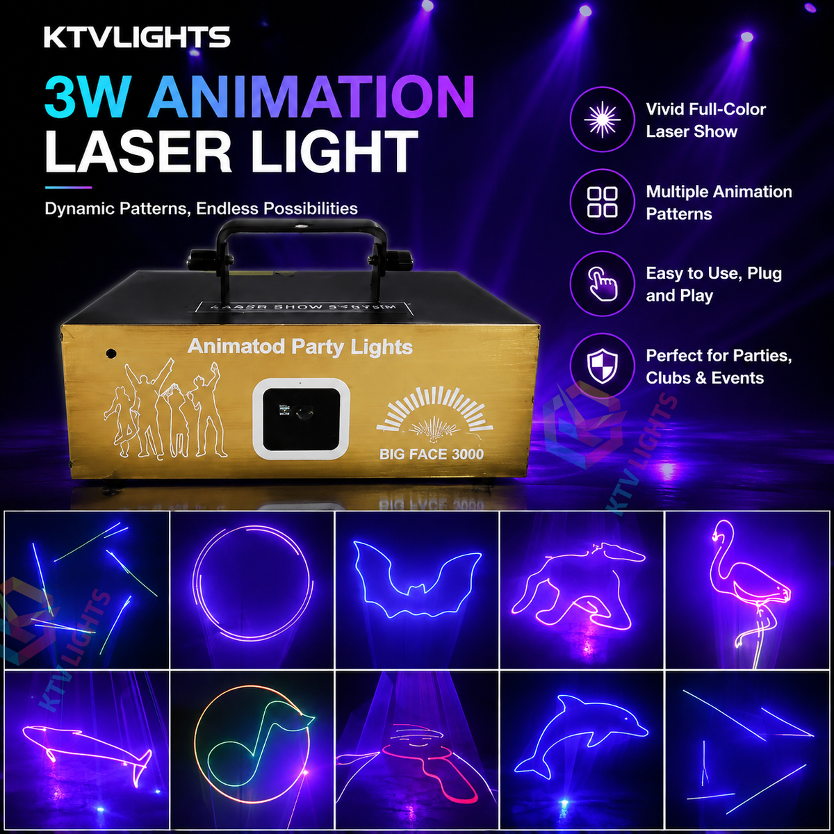 KTVLIGHTS 3W Sound-Activated Animation Laser Light for DJ Stages-A27