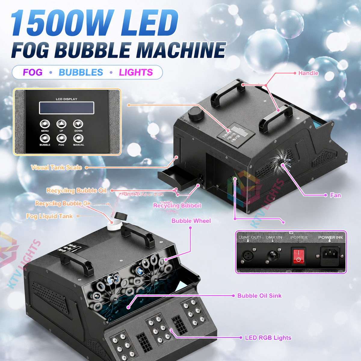 KTVLIGHTS 1500W LED RGB Smoke Bubble Machine with Remote Control-Y5