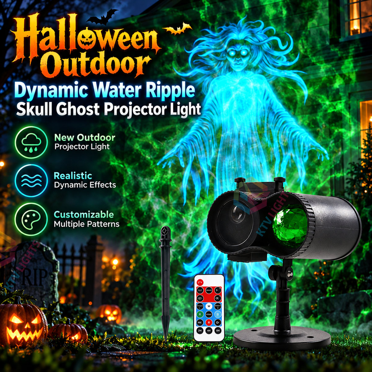KTVLIGHTS Halloween Outdoor Dual-Head Skull Ghost Water Ripple Projector-S63