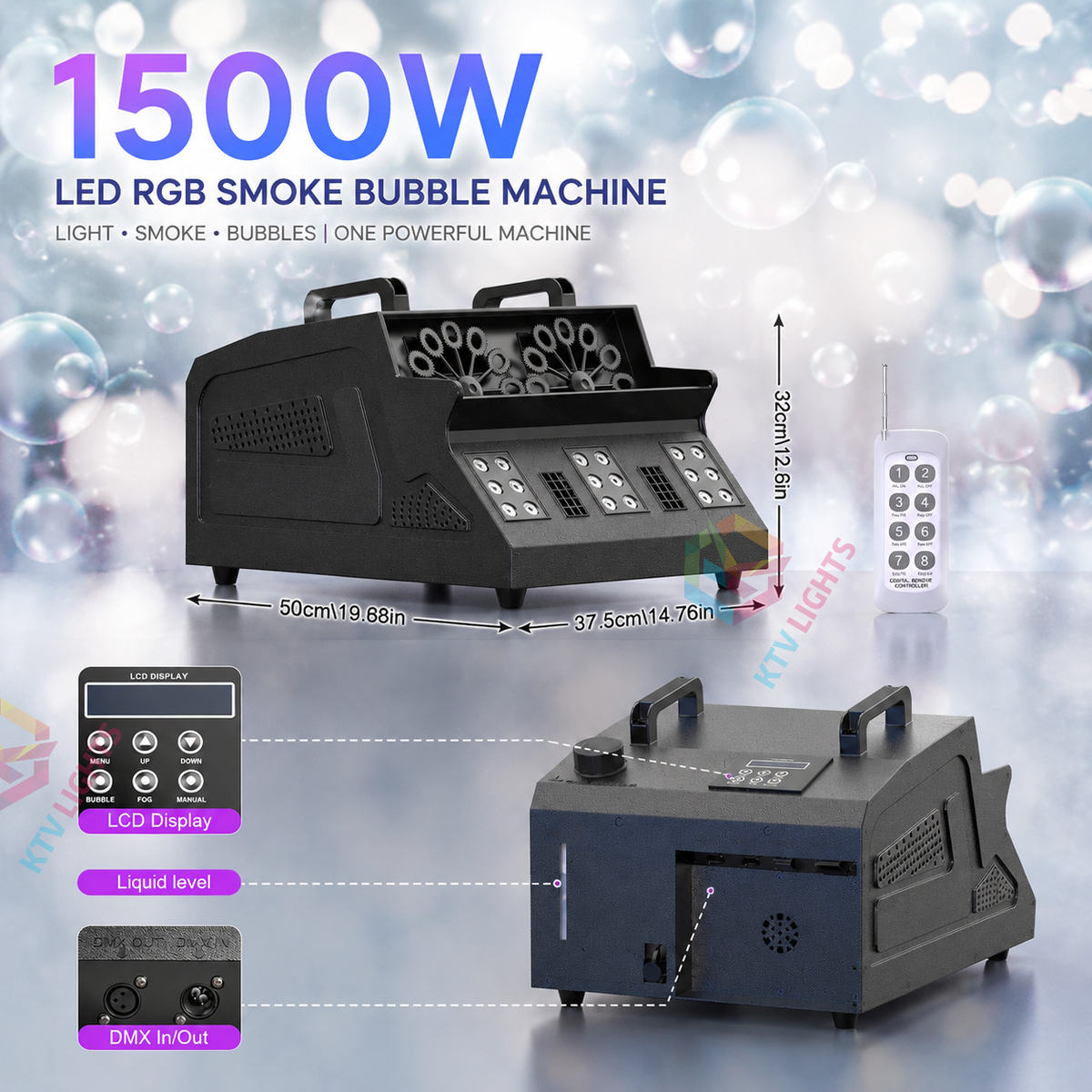 KTVLIGHTS 1500W LED RGB Smoke Bubble Machine with Remote Control-Y5