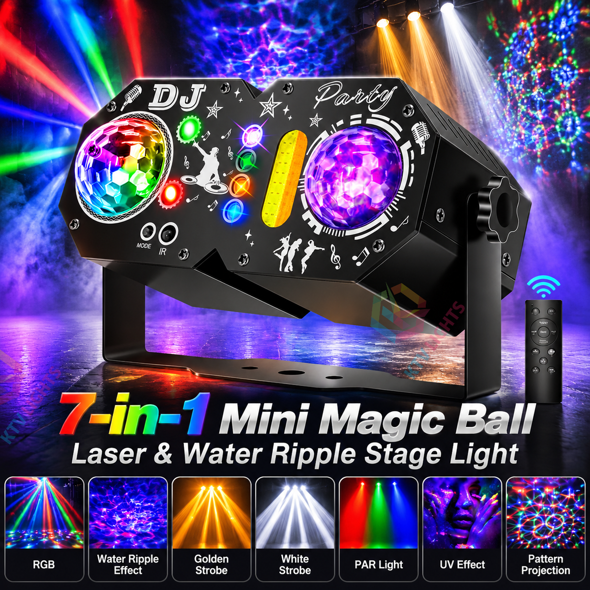 KTVLIGHTS 7-in-1 Mini Magic Ball Stage Laser Light RGB UV Strobe-B61