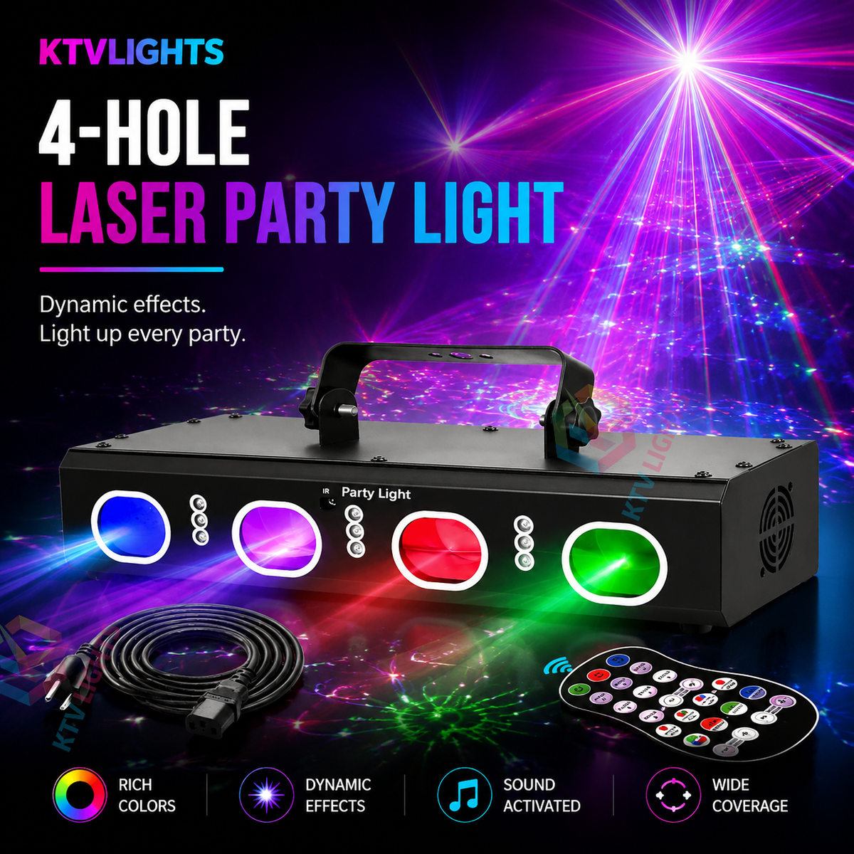 KTVLIGHTS 3-in-1 4-Aperture DJ Laser Stage Light for Nightclubs and Parties - B35