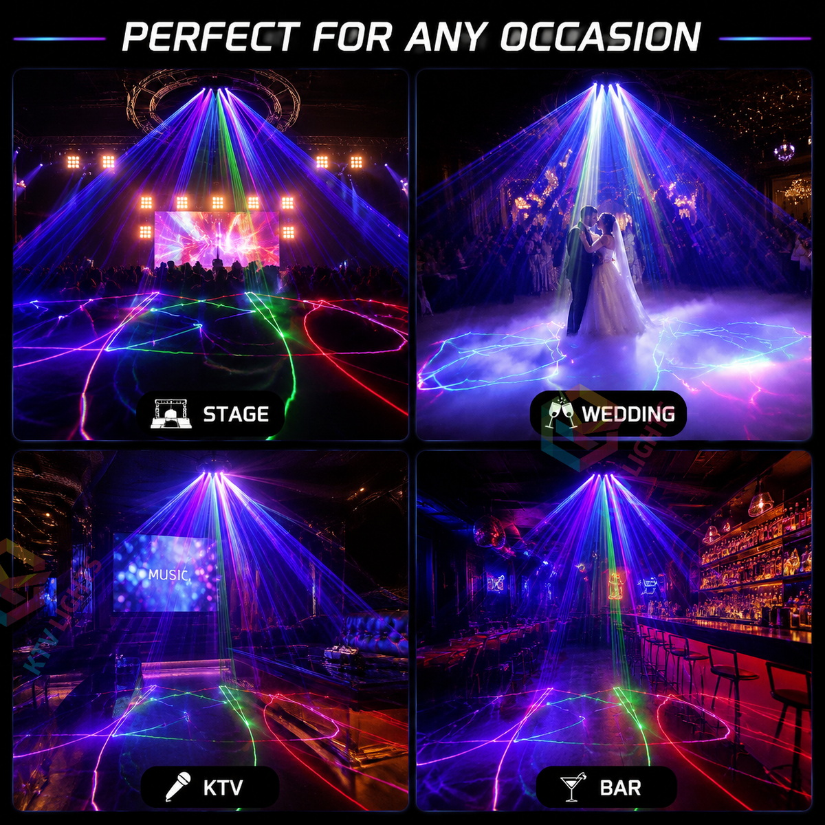 KTVLIGHTS 4-Aperture RGB Line-Scan DMX Laser Stage Light for DJ Clubs-B25
