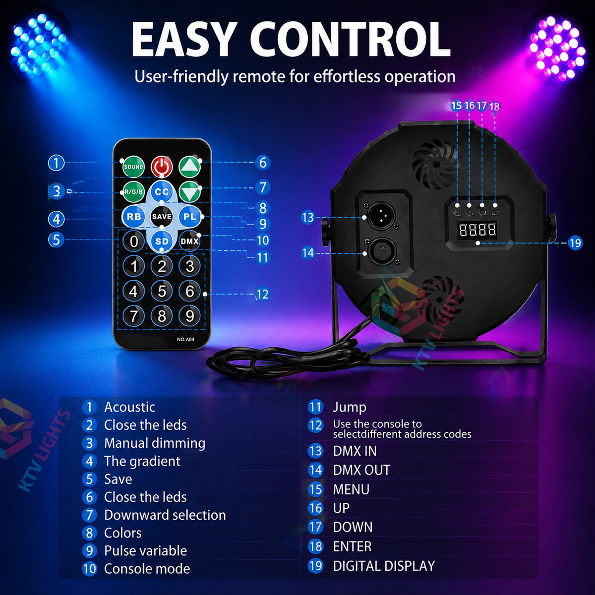 KTVLIGHTS 72W RGB Rechargeable LED PAR Light-P10