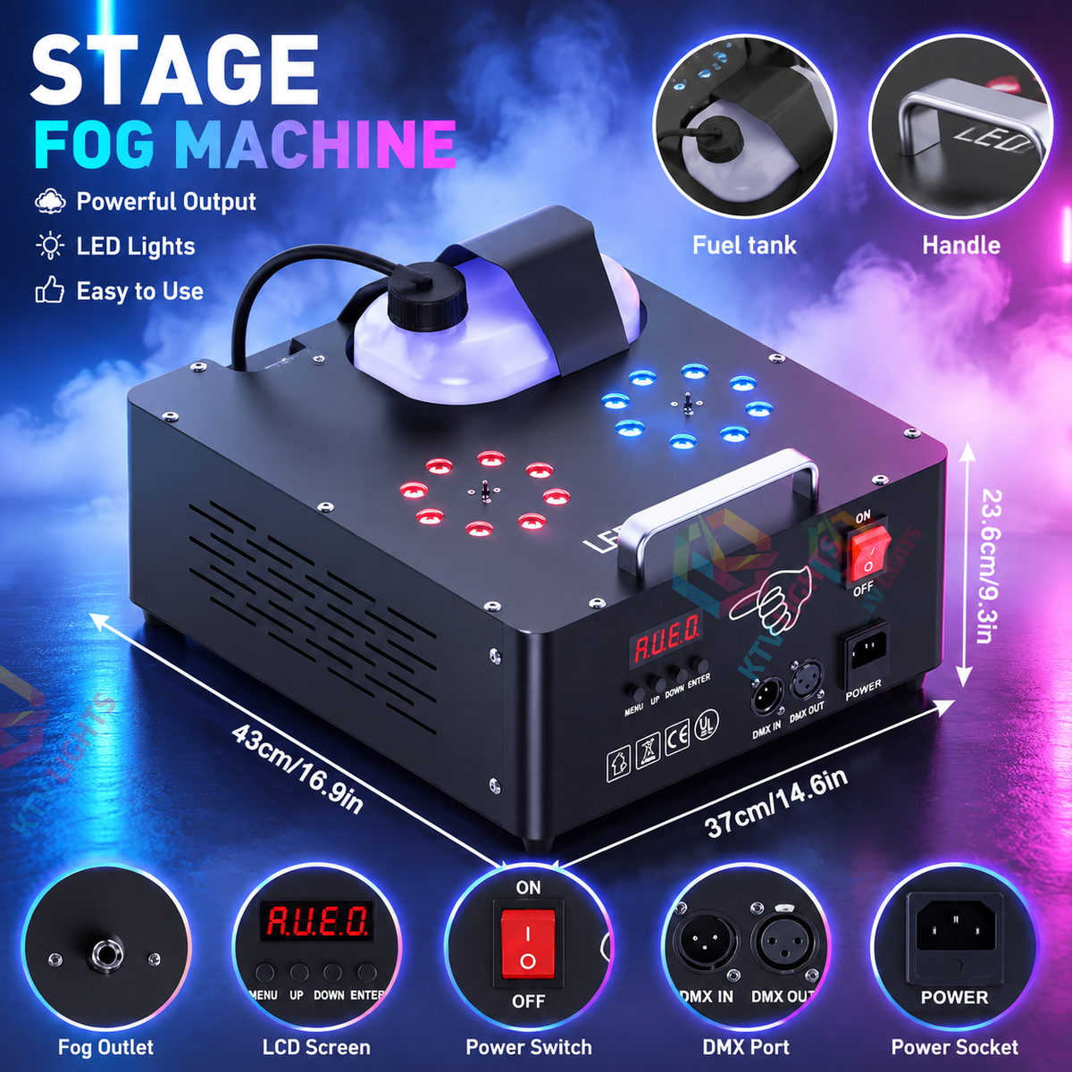 KTVLIGHTS 2000W Dual-Tube Adjustable LED RGB Smoke Machine-Y11