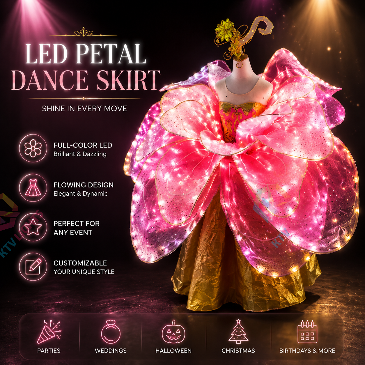 KTVLIGHTS LED Petal Skirt Dress for Dance Shows & Festivals-M14