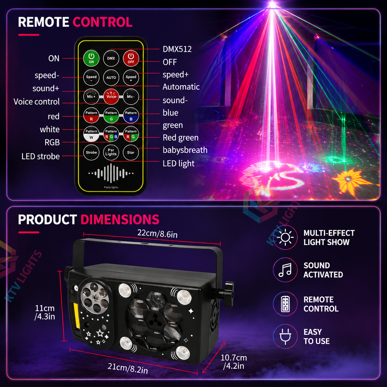 KTVLIGHTS 7-in-1 Party Laser Light – DJ RGB Stage Effect Disco Light-C11
