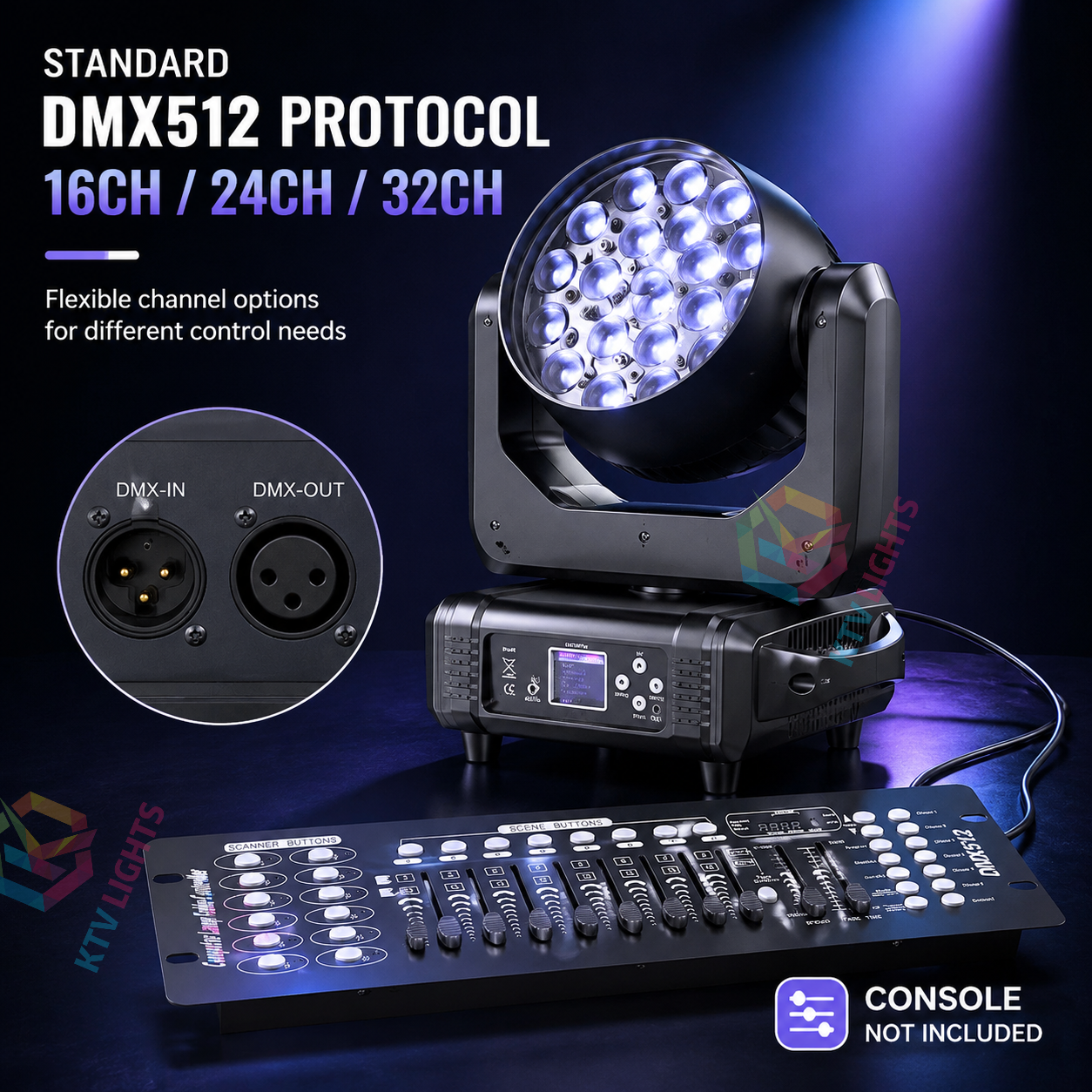 KTVLIGHTS LED 285W RGBW 19 LED Moving Head Light DJ Stage Lighting-E54