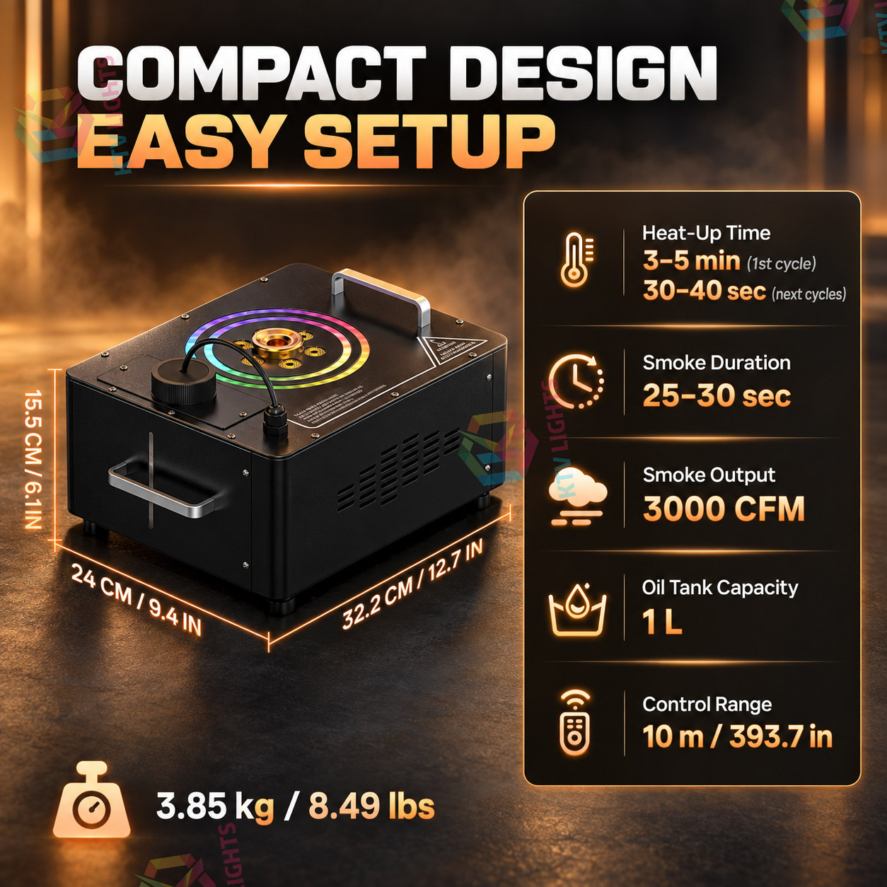 KTVLIGHTS 1200W RGB Vertical Fog Machine, 3000 CFM, 1L Tank-Y18