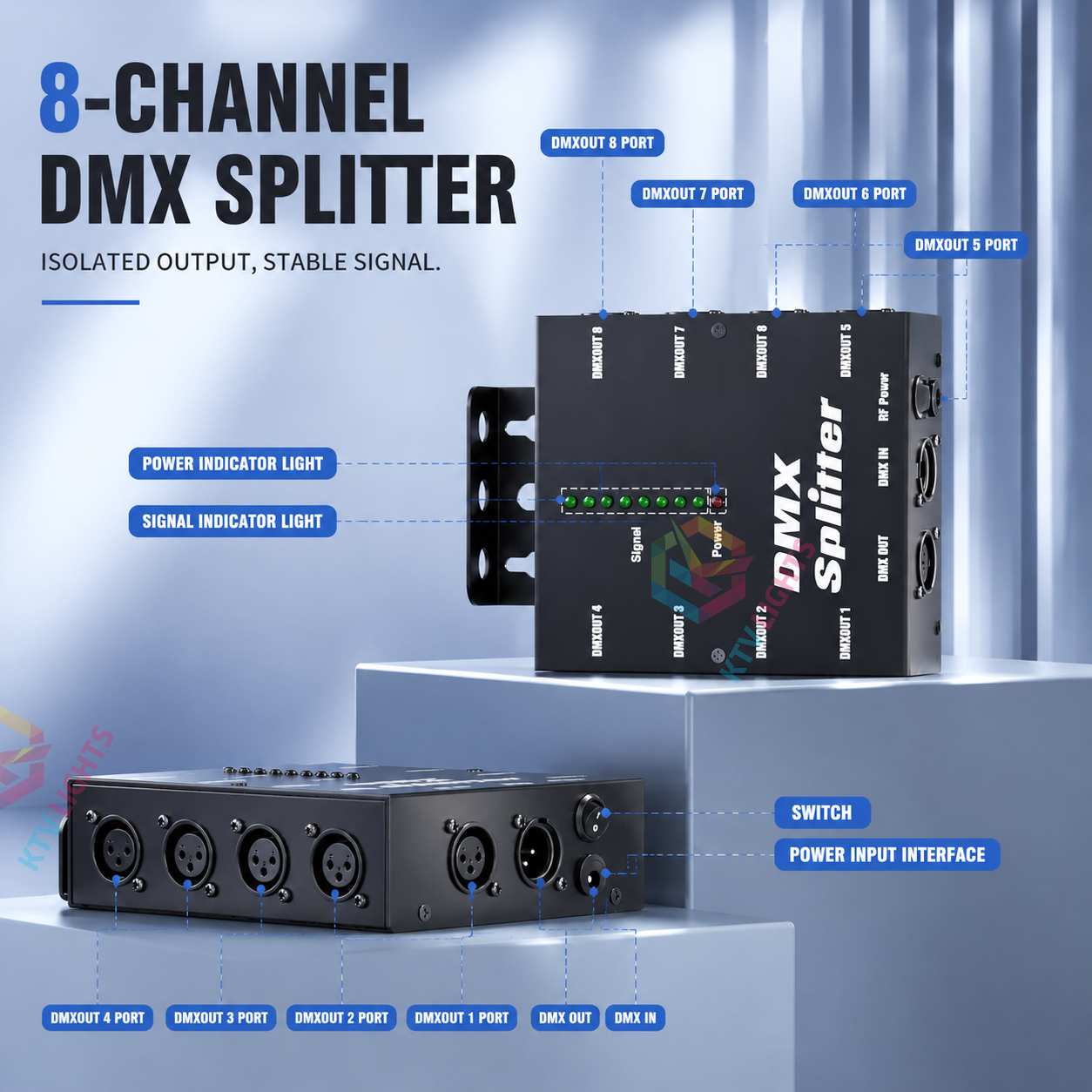 KTVLIGHTS 8-Way Isolated DMX512 Splitter Amplifier-D4