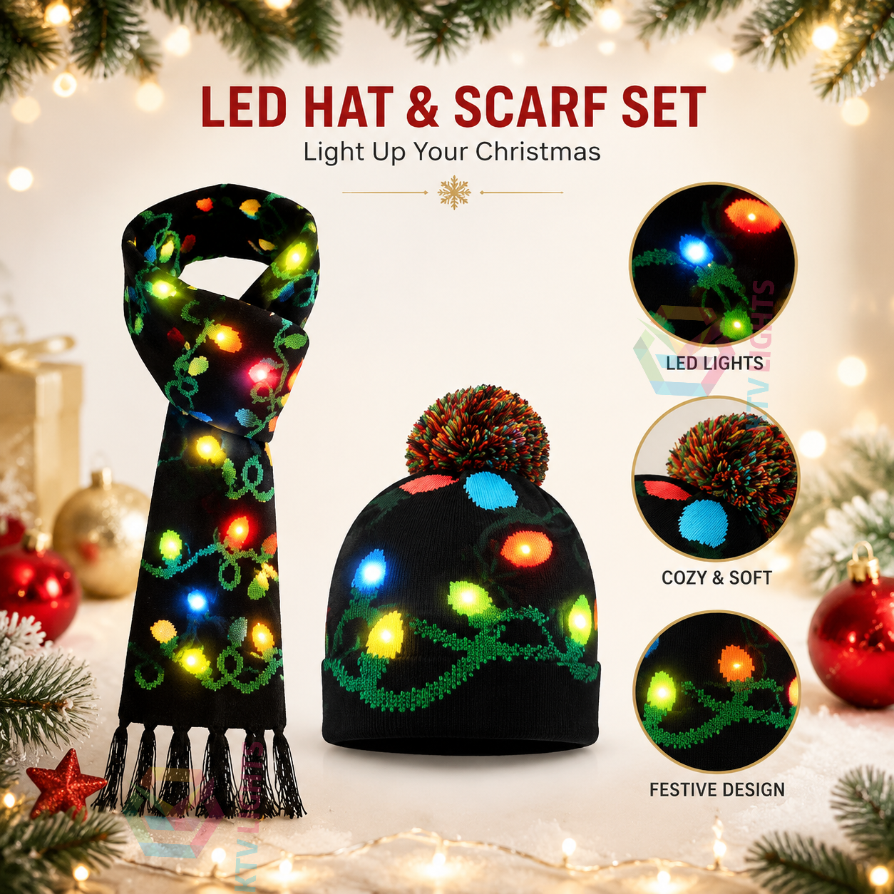 KTVLIGHTS Light Up Christmas Hat & Scarf For Holiday Fun-M35