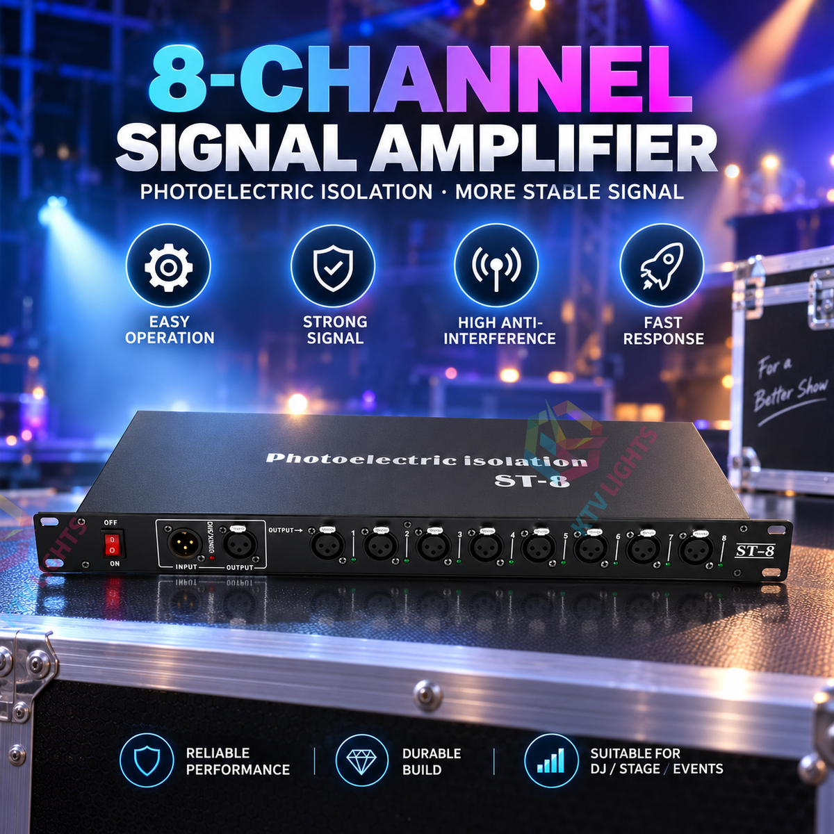 KTVLIGHTS 4/8-Way DMX512 Signal Amplifier & Stage Splitter-D11