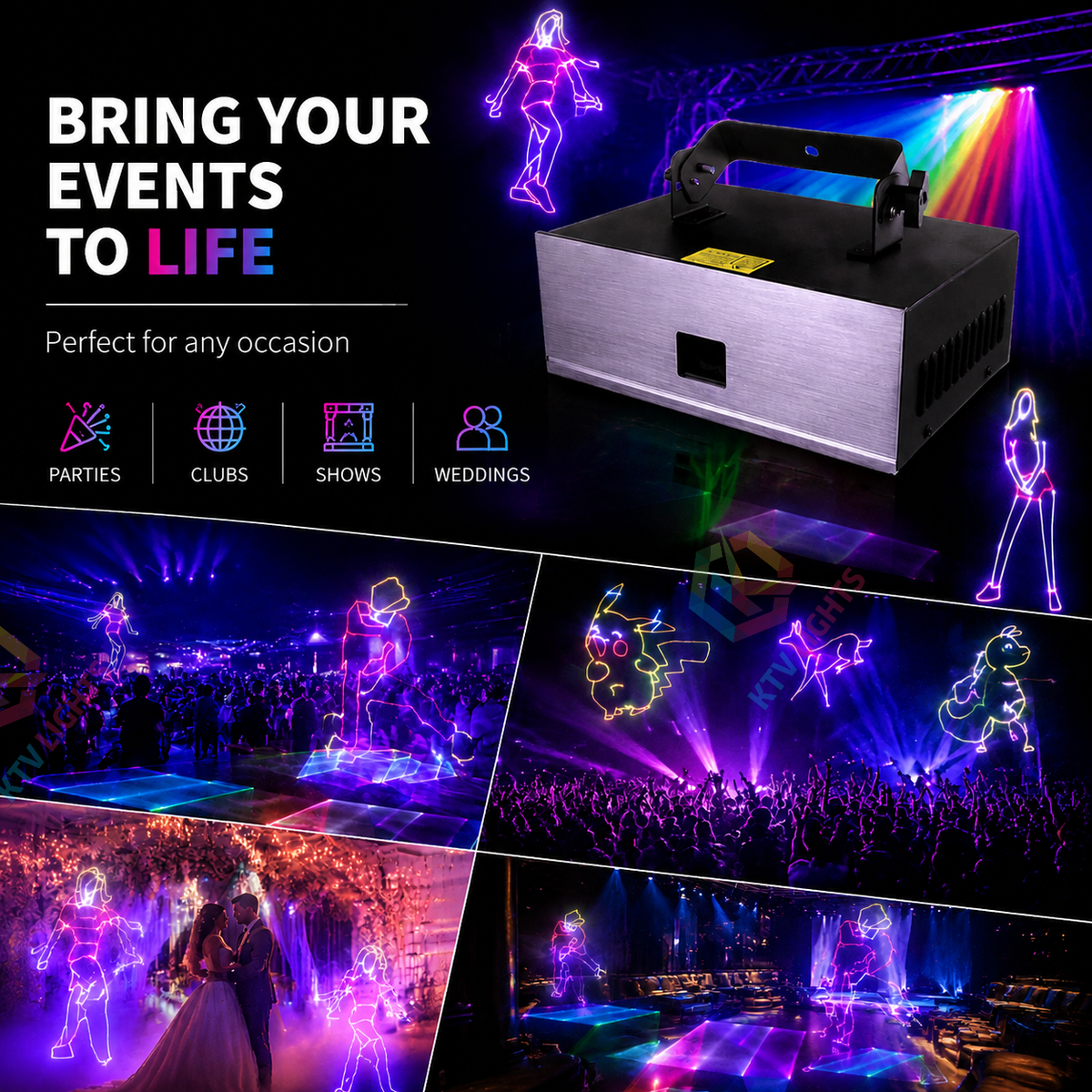 KTVLIGHTS 2W/4W 5-in-1 RGB 3D Animation Beam DMX Stage Laser Light-A7