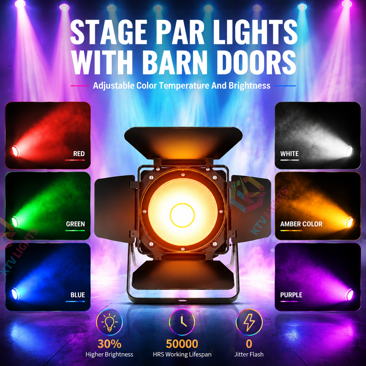 KTVLIGHTS 200W RGBWA UV 6-in-1 COB PAR Light with Barn Door-P35