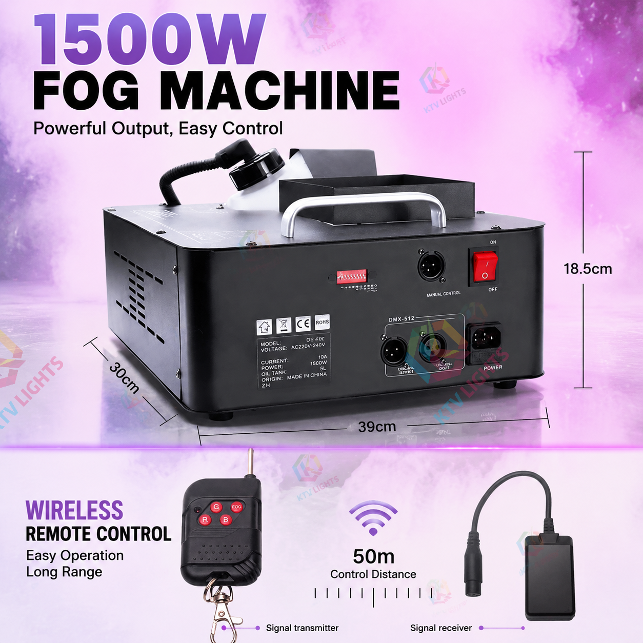 KTVLIGHTS 1500W RGB DMX 512 Smoke Machine Lighting Effect-Y14
