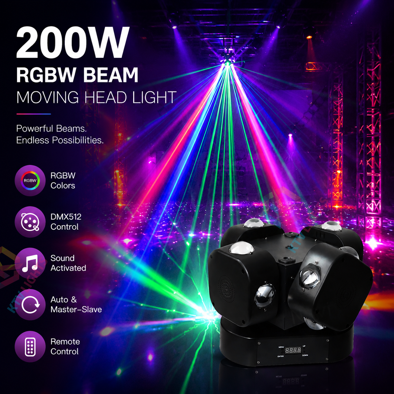KTVLIGHTS LED 200W RGBW Moving Head Light DMX512 DJ Stage Lighting - E49