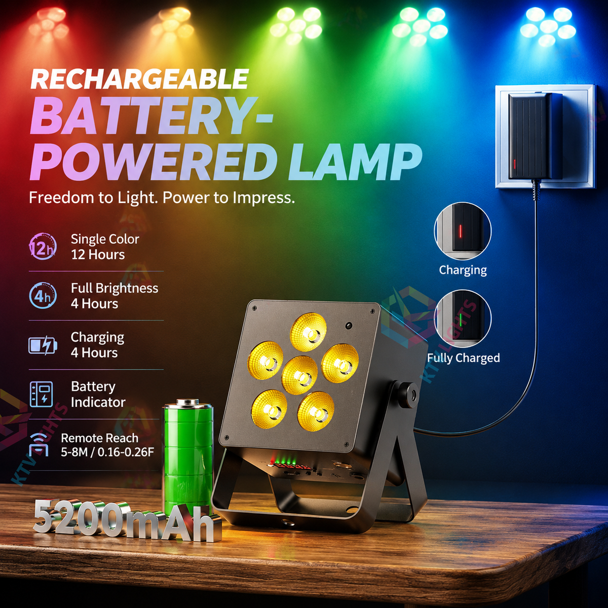 KTVLIGHTS 50W RGBW 6-in-1 Rechargeable Battery LED PAR Light-P49