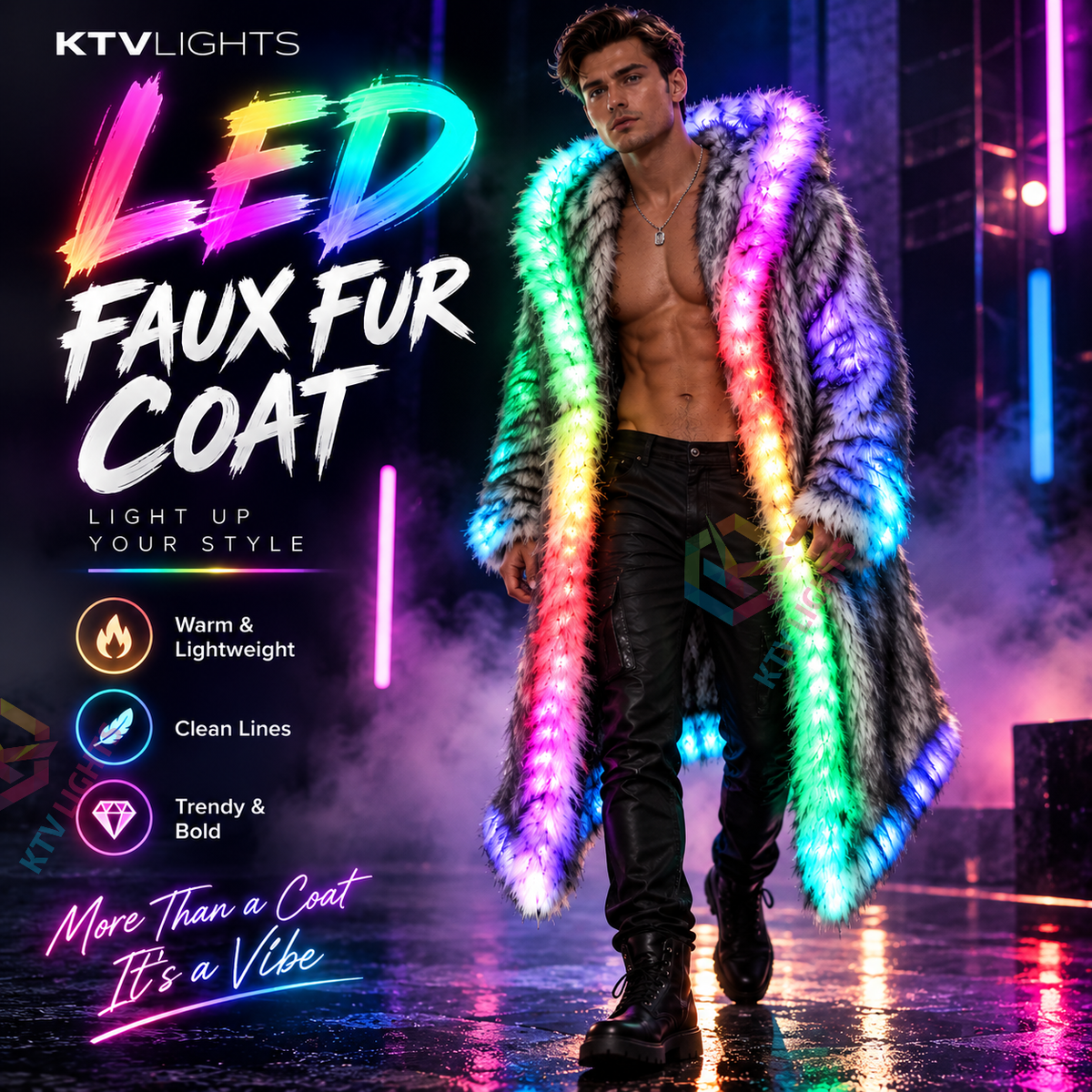KTVLIGHTS LED Faux Fur Coat for Cosplay, Festivals & Parties-M60