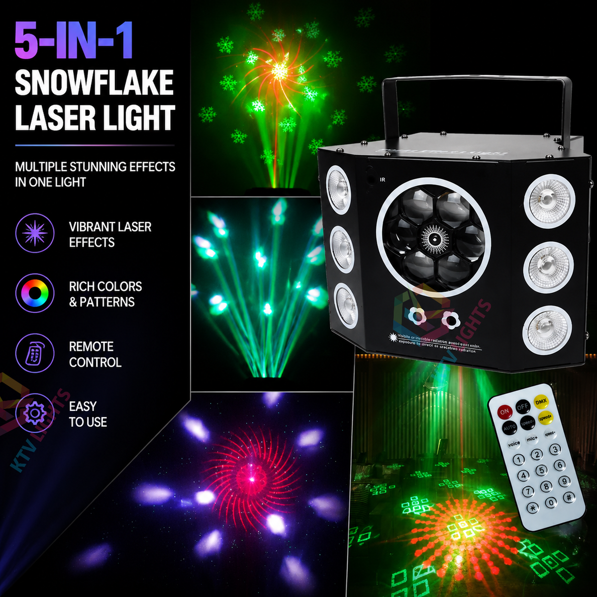 KTVLIGHTS 150W 5-in-1 RGB Snowflake Laser Stage Light with DMX-C14