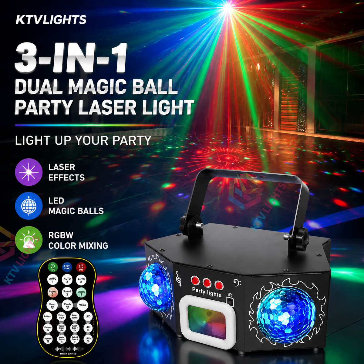 KTVLIGHTS 2026 Model 3-in-1 Dual Magic Ball Laser DJ Party Stage Light-C15