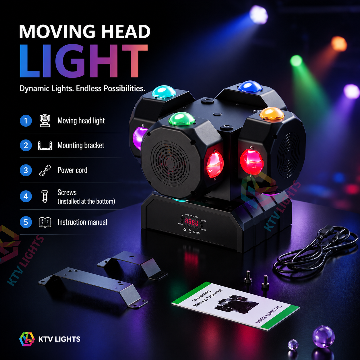 KTVLIGHTS LED 200W RGBW Moving Head Light DMX512 DJ Stage Lighting - E49