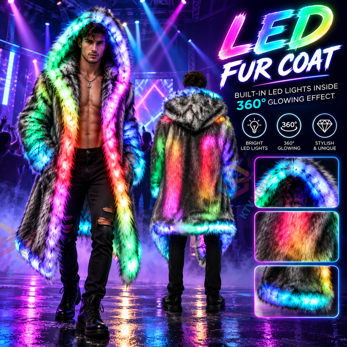KTVLIGHTS LED Faux Fur Coat for Cosplay, Festivals & Parties-M60